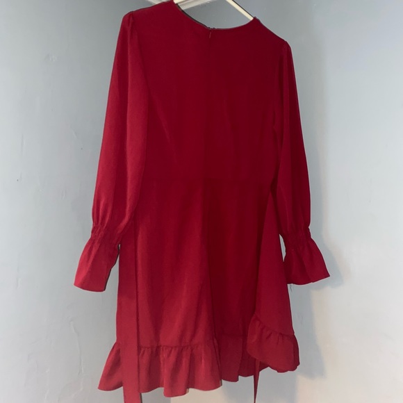 Red Long Sleeve Dress Mid Thigh Dress Faux Wrap - Picture 6 of 7